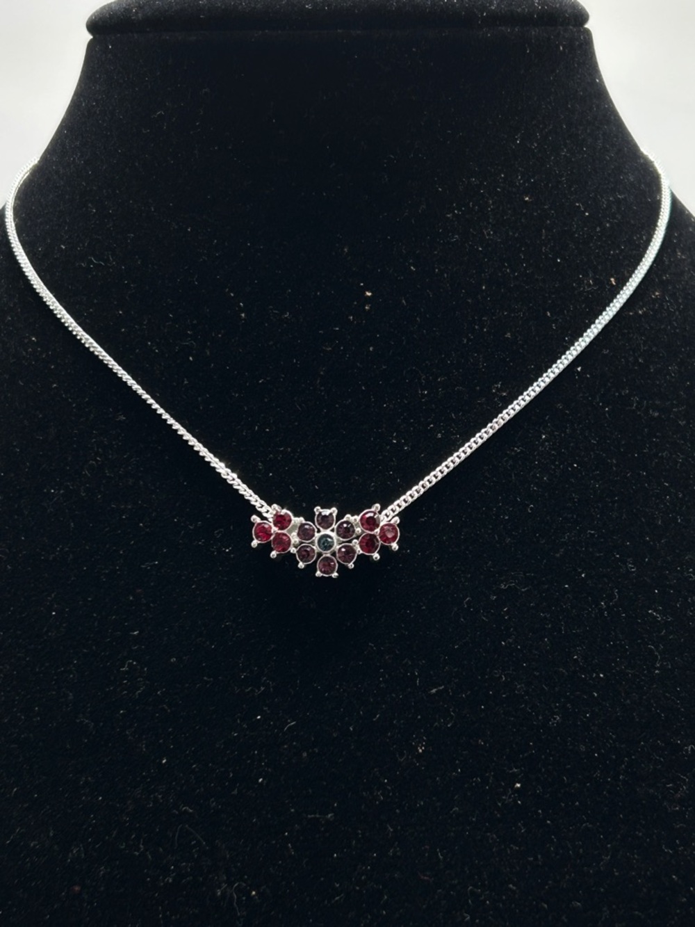 Nine West, Silver Necklace With Cluster Of Red Crystals